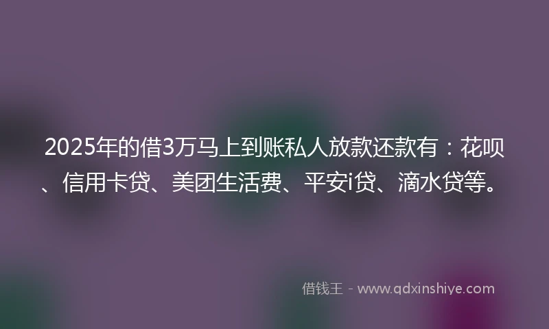 2025年的借3万马上到账私人放款还款有：花呗、信用卡贷、美团生活费、平安i贷、滴水贷等。
