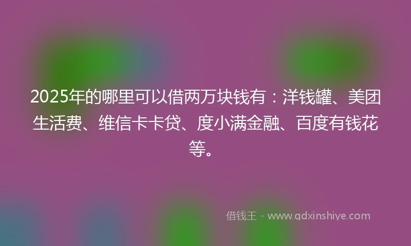 2025年的哪里可以借两万块钱有：洋钱罐、美团生活费、维信卡卡贷、度小满金融、百度有钱花等。