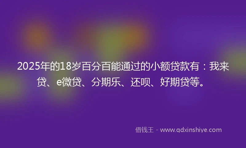 2025年的18岁百分百能通过的小额贷款有：我来贷、e微贷、分期乐、还呗、好期贷等。