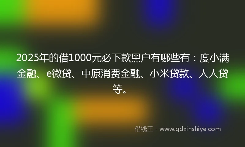 2025年的借1000元必下款黑户有哪些有：度小满金融、e微贷、中原消费金融、小米贷款、人人贷等。