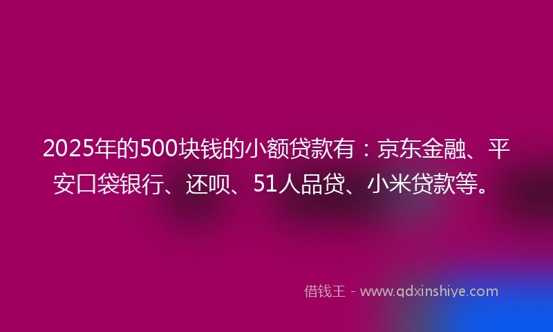 2025年的500块钱的小额贷款有：京东金融、平安口袋银行、还呗、51人品贷、小米贷款等。