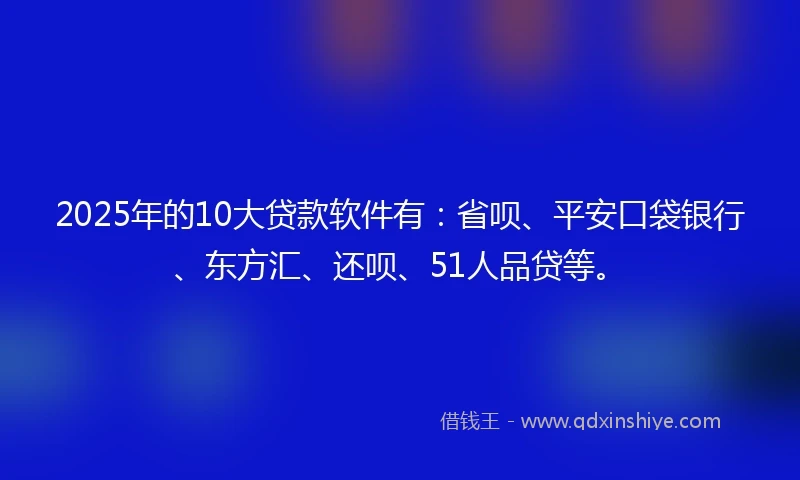 2025年的10大贷款软件有：省呗、平安口袋银行、东方汇、还呗、51人品贷等。