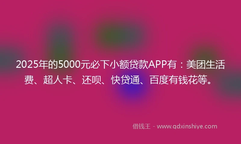 2025年的5000元必下小额贷款APP有：美团生活费、超人卡、还呗、快贷通、百度有钱花等。