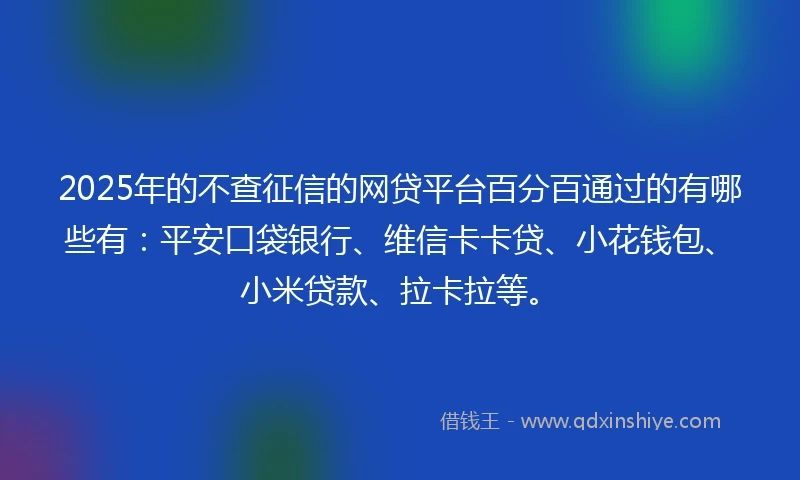 2025年的不查征信的网贷平台百分百通过的有哪些有：平安口袋银行、维信卡卡贷、小花钱包、小米贷款、拉卡拉等。