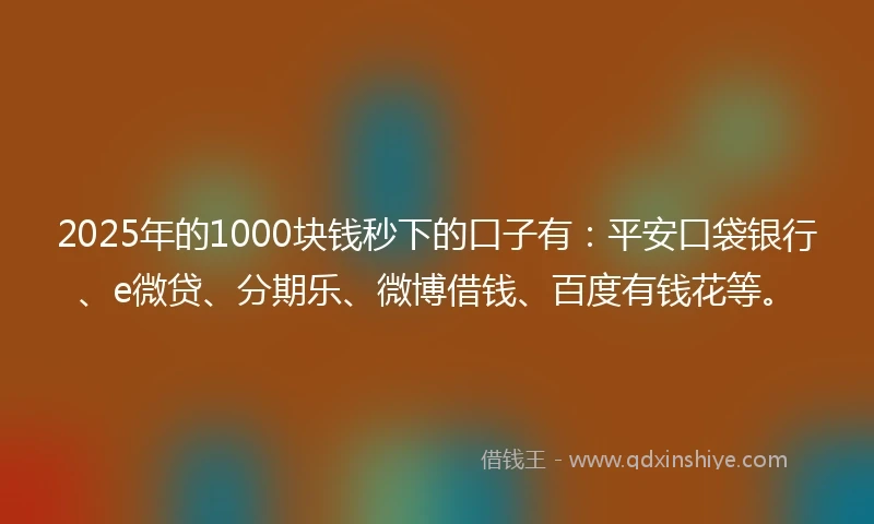 2025年的1000块钱秒下的口子有：平安口袋银行、e微贷、分期乐、微博借钱、百度有钱花等。