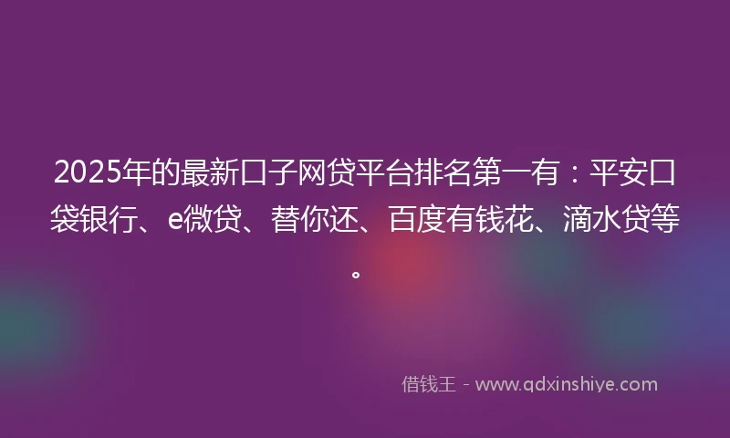 2025年的最新口子网贷平台排名第一有：平安口袋银行、e微贷、替你还、百度有钱花、滴水贷等。