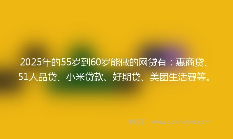 2025年的55岁到60岁能做的网贷有：惠商贷、51人品贷、小米贷款、好期贷、美团生活费等。