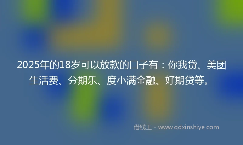 2025年的18岁可以放款的口子有：你我贷、美团生活费、分期乐、度小满金融、好期贷等。