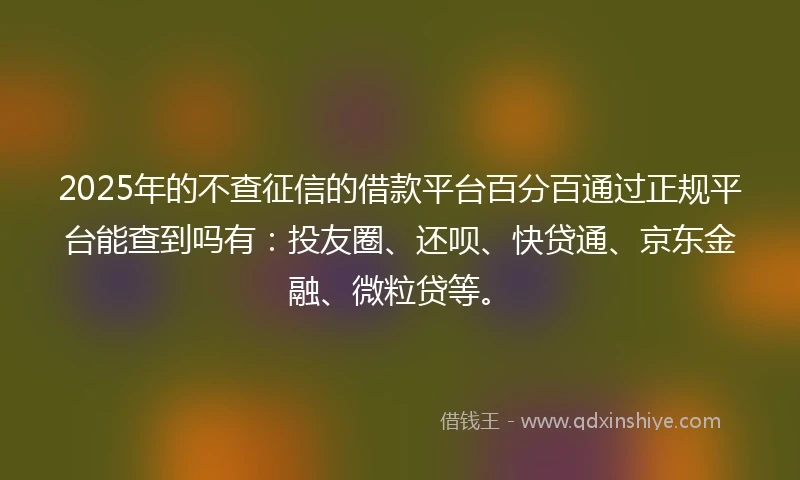 2025年的不查征信的借款平台百分百通过正规平台能查到吗有：投友圈、还呗、快贷通、京东金融、微粒贷等。