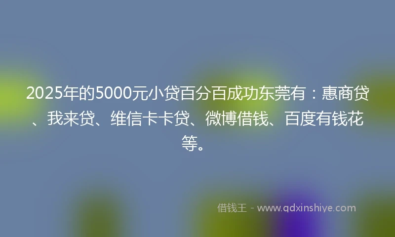 2025年的5000元小贷百分百成功东莞有：惠商贷、我来贷、维信卡卡贷、微博借钱、百度有钱花等。