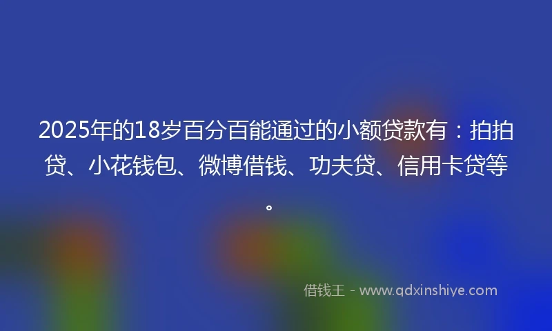 2025年的18岁百分百能通过的小额贷款有：拍拍贷、小花钱包、微博借钱、功夫贷、信用卡贷等。