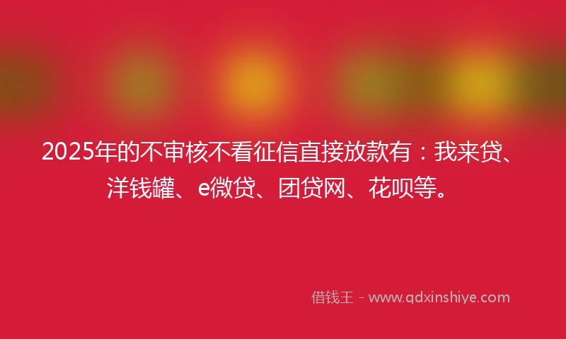 2025年的不审核不看征信直接放款有：我来贷、洋钱罐、e微贷、团贷网、花呗等。
