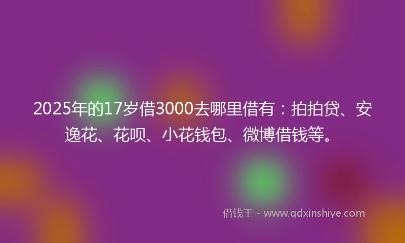 2025年的17岁借3000去哪里借有：拍拍贷、安逸花、花呗、小花钱包、微博借钱等。