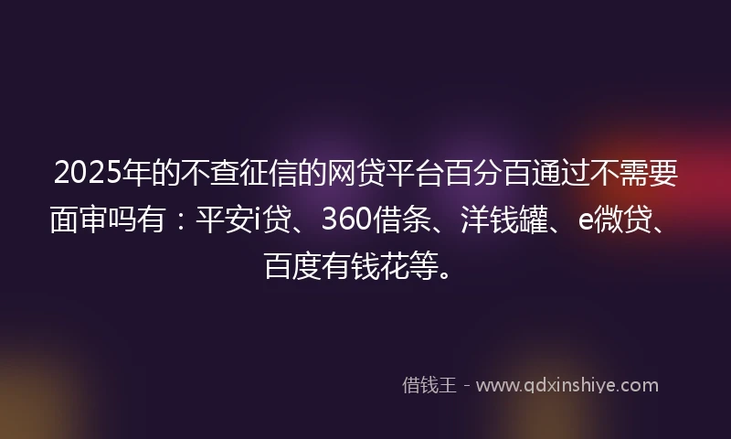 2025年的不查征信的网贷平台百分百通过不需要面审吗有：平安i贷、360借条、洋钱罐、e微贷、百度有钱花等。