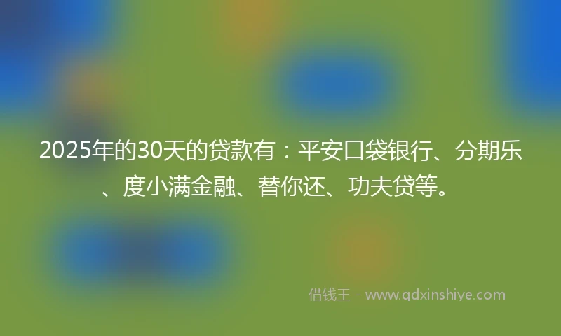 2025年的30天的贷款有：平安口袋银行、分期乐、度小满金融、替你还、功夫贷等。