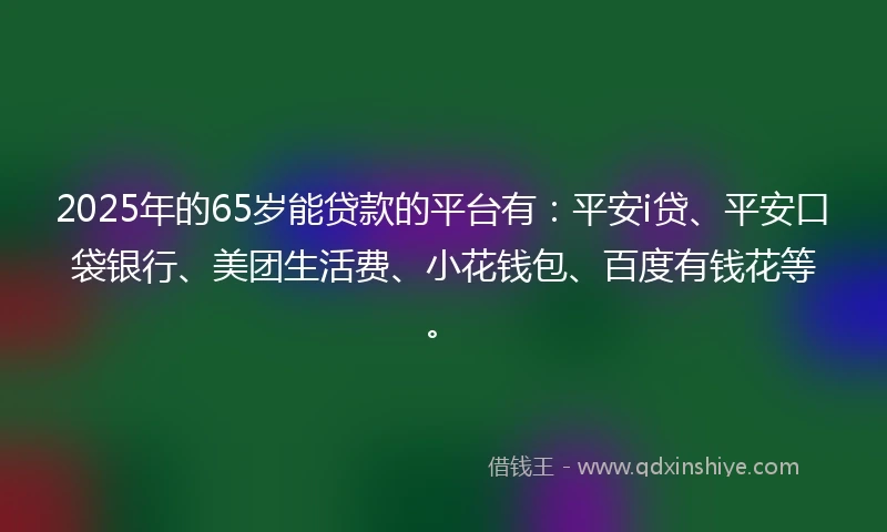 2025年的65岁能贷款的平台有：平安i贷、平安口袋银行、美团生活费、小花钱包、百度有钱花等。