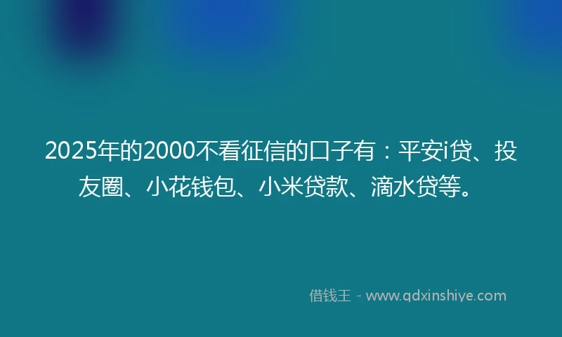 2025年的2000不看征信的口子有：平安i贷、投友圈、小花钱包、小米贷款、滴水贷等。