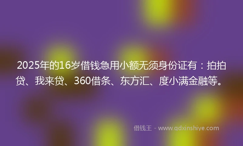 2025年的16岁借钱急用小额无须身份证有：拍拍贷、我来贷、360借条、东方汇、度小满金融等。