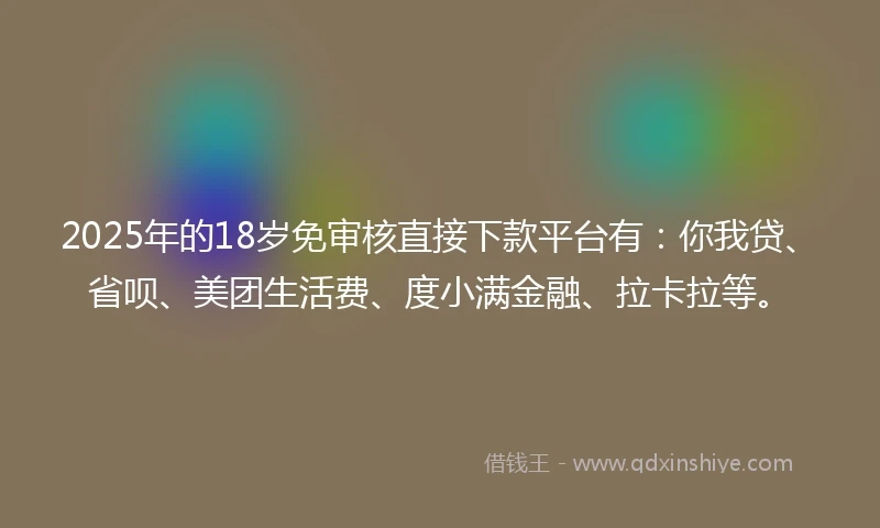 2025年的18岁免审核直接下款平台有：你我贷、省呗、美团生活费、度小满金融、拉卡拉等。