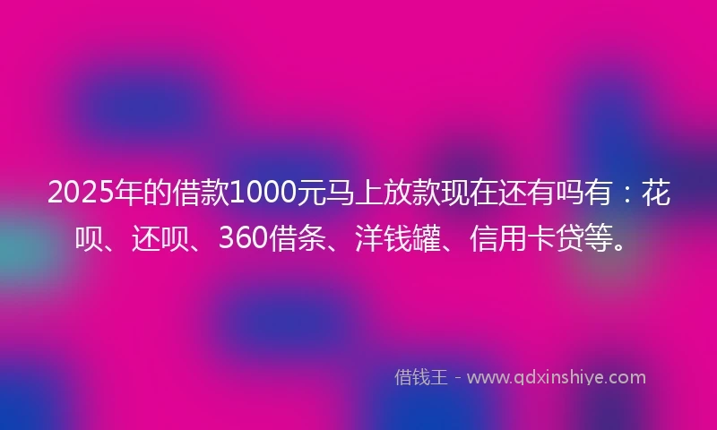 2025年的借款1000元马上放款现在还有吗有：花呗、还呗、360借条、洋钱罐、信用卡贷等。