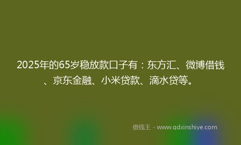 2025年的65岁稳放款口子有：东方汇、微博借钱、京东金融、小米贷款、滴水贷等。