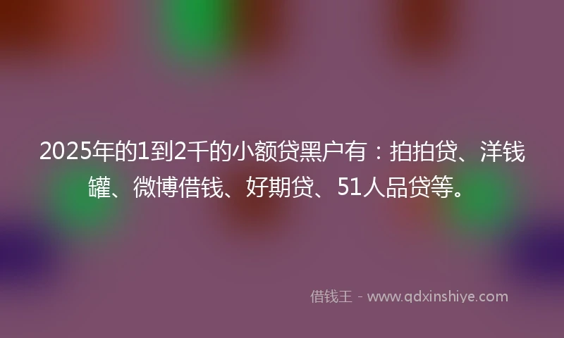 2025年的1到2千的小额贷黑户有：拍拍贷、洋钱罐、微博借钱、好期贷、51人品贷等。