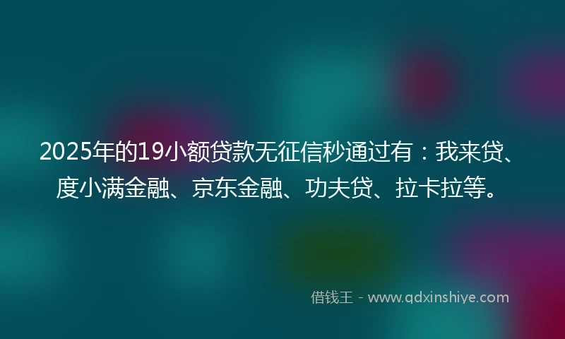 2025年的19小额贷款无征信秒通过有：我来贷、度小满金融、京东金融、功夫贷、拉卡拉等。