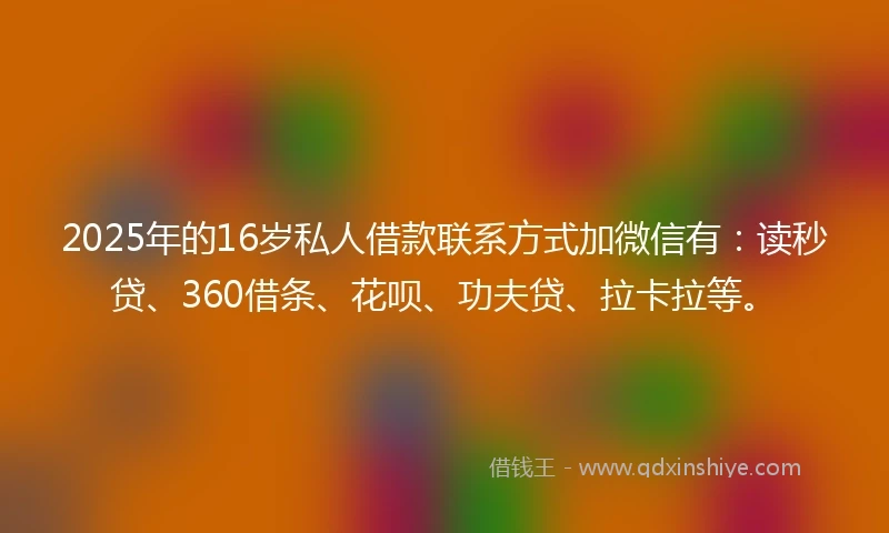 2025年的16岁私人借款联系方式加微信有：读秒贷、360借条、花呗、功夫贷、拉卡拉等。