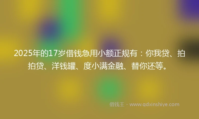 2025年的17岁借钱急用小额正规有：你我贷、拍拍贷、洋钱罐、度小满金融、替你还等。