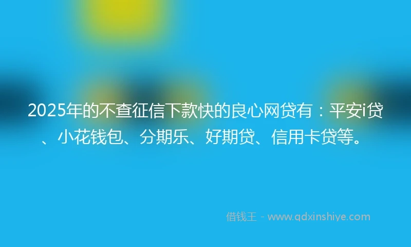 2025年的不查征信下款快的良心网贷有：平安i贷、小花钱包、分期乐、好期贷、信用卡贷等。