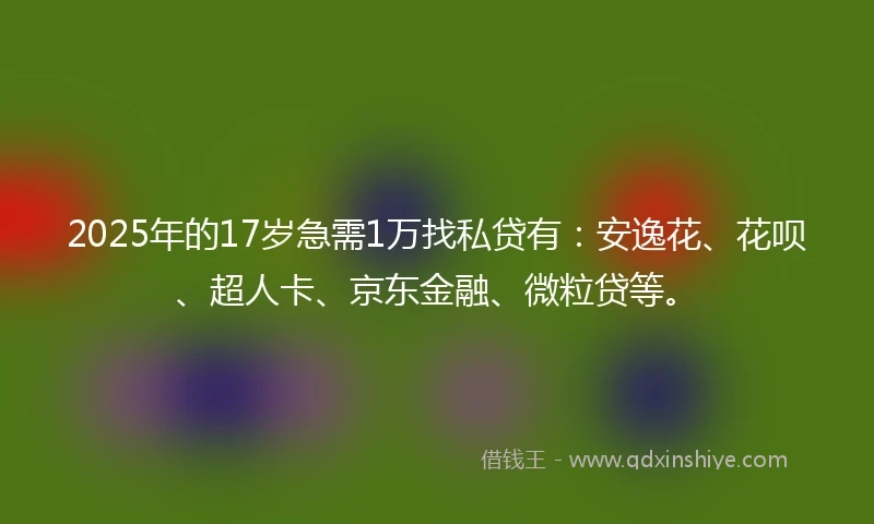 2025年的17岁急需1万找私贷有：安逸花、花呗、超人卡、京东金融、微粒贷等。