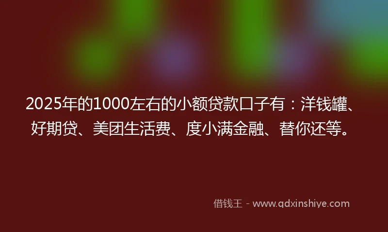 2025年的1000左右的小额贷款口子有：洋钱罐、好期贷、美团生活费、度小满金融、替你还等。