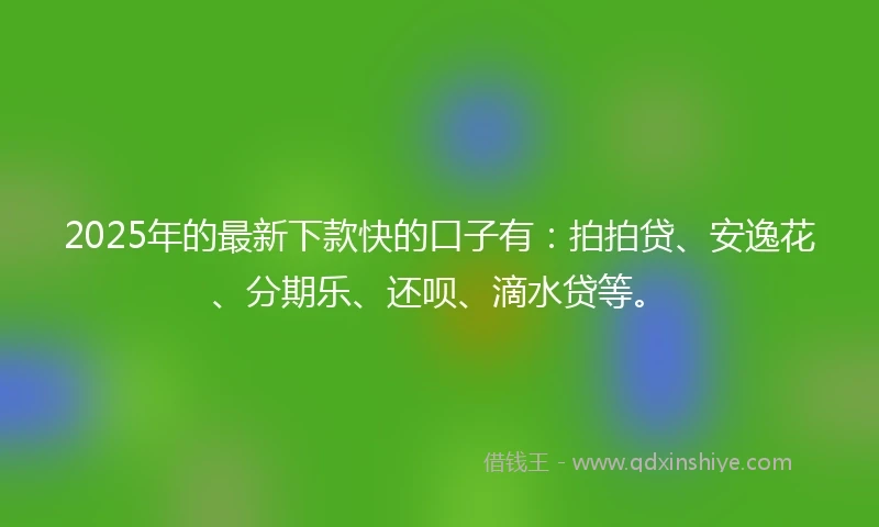 2025年的最新下款快的口子有：拍拍贷、安逸花、分期乐、还呗、滴水贷等。
