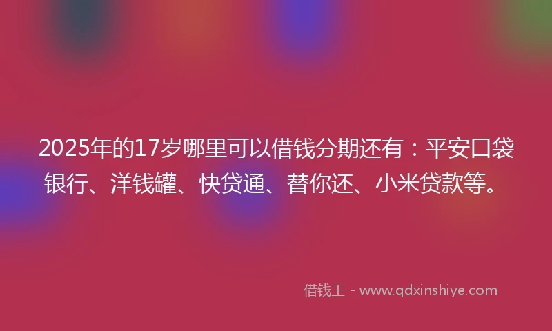 2025年的17岁哪里可以借钱分期还有：平安口袋银行、洋钱罐、快贷通、替你还、小米贷款等。