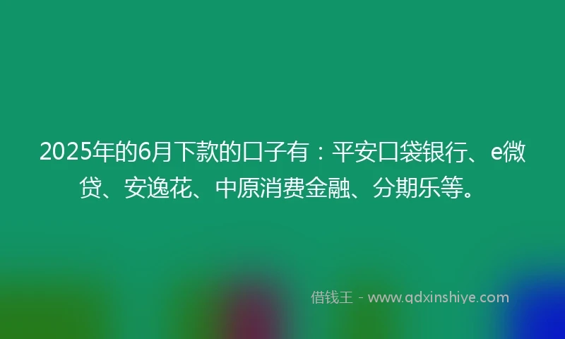 2025年的6月下款的口子有：平安口袋银行、e微贷、安逸花、中原消费金融、分期乐等。