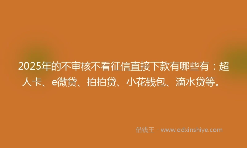 2025年的不审核不看征信直接下款有哪些有：超人卡、e微贷、拍拍贷、小花钱包、滴水贷等。