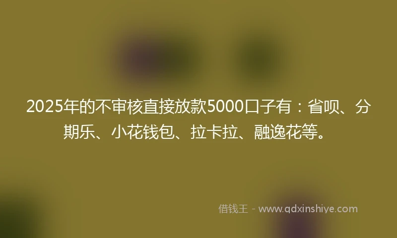 2025年的不审核直接放款5000口子有：省呗、分期乐、小花钱包、拉卡拉、融逸花等。