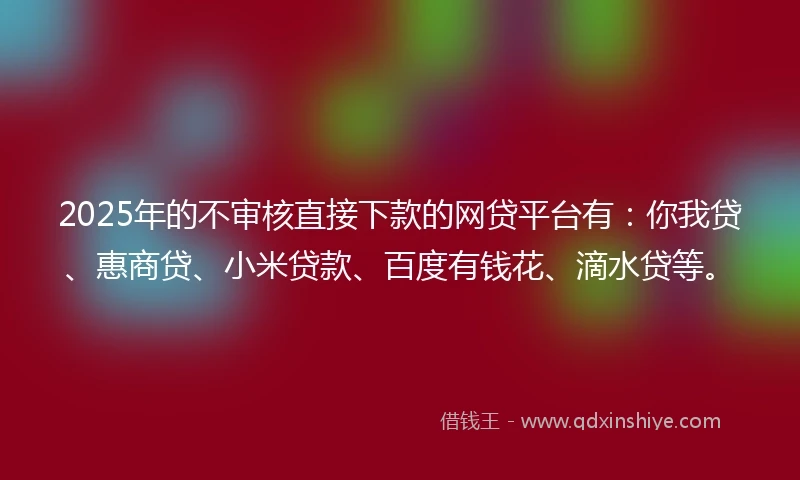 2025年的不审核直接下款的网贷平台有：你我贷、惠商贷、小米贷款、百度有钱花、滴水贷等。