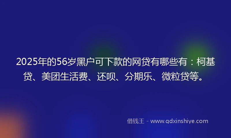2025年的56岁黑户可下款的网贷有哪些有：柯基贷、美团生活费、还呗、分期乐、微粒贷等。