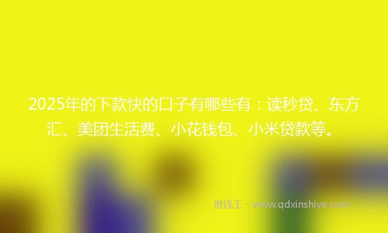 2025年的下款快的口子有哪些有：读秒贷、东方汇、美团生活费、小花钱包、小米贷款等。