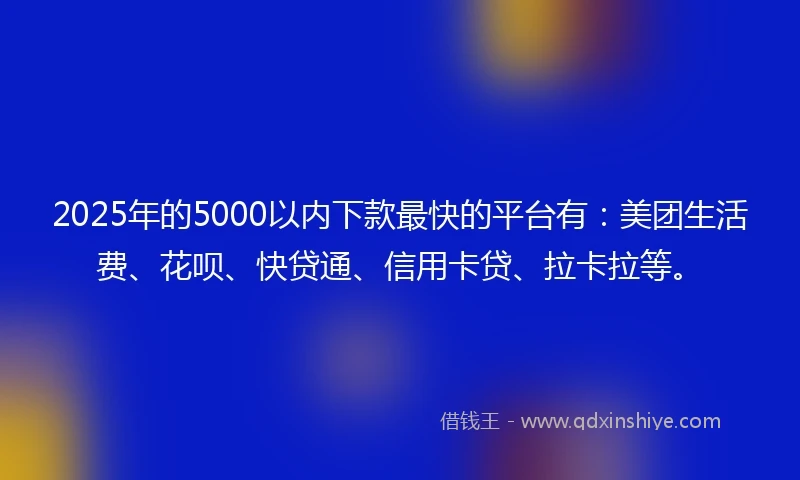 2025年的5000以内下款最快的平台有：美团生活费、花呗、快贷通、信用卡贷、拉卡拉等。