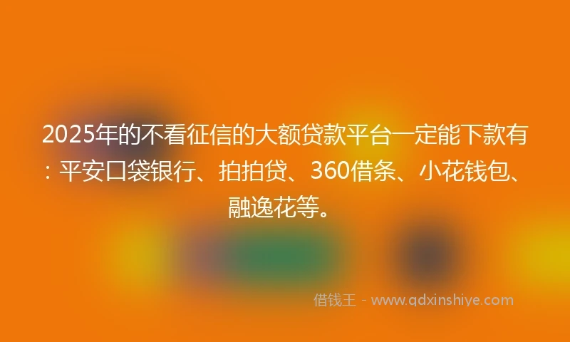 2025年的不看征信的大额贷款平台一定能下款有：平安口袋银行、拍拍贷、360借条、小花钱包、融逸花等。