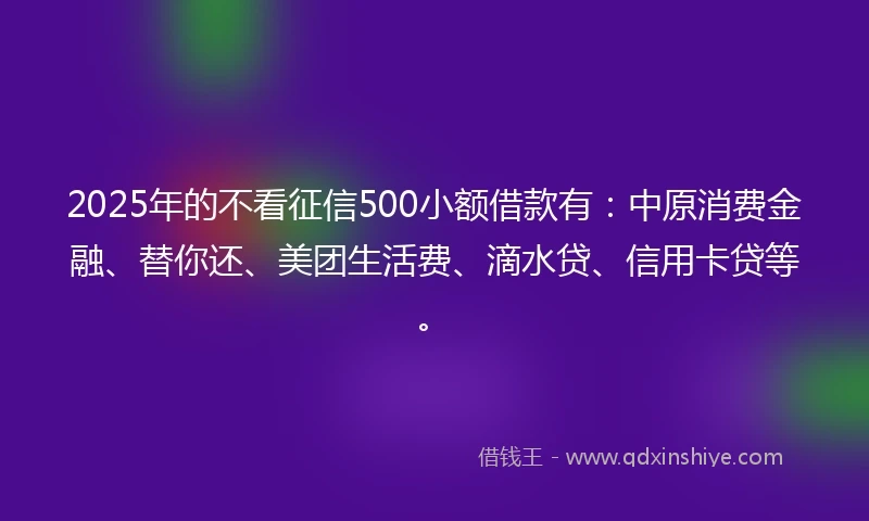 2025年的不看征信500小额借款有：中原消费金融、替你还、美团生活费、滴水贷、信用卡贷等。