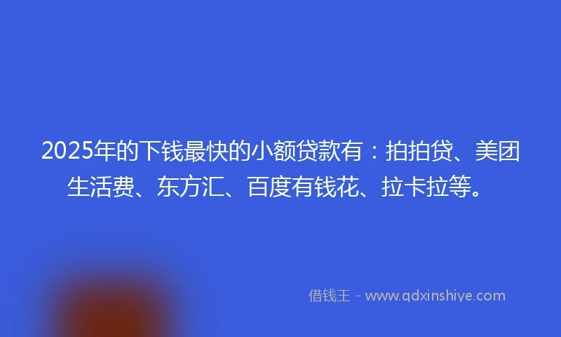 2025年的下钱最快的小额贷款有：拍拍贷、美团生活费、东方汇、百度有钱花、拉卡拉等。