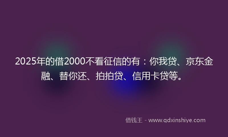 2025年的借2000不看征信的有：你我贷、京东金融、替你还、拍拍贷、信用卡贷等。