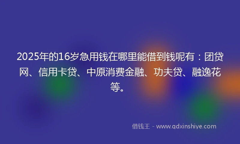 2025年的16岁急用钱在哪里能借到钱呢有：团贷网、信用卡贷、中原消费金融、功夫贷、融逸花等。