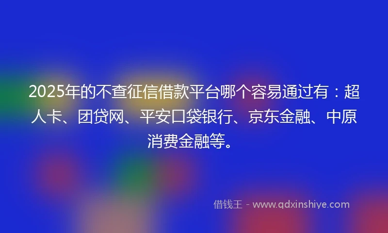 2025年的不查征信借款平台哪个容易通过有：超人卡、团贷网、平安口袋银行、京东金融、中原消费金融等。