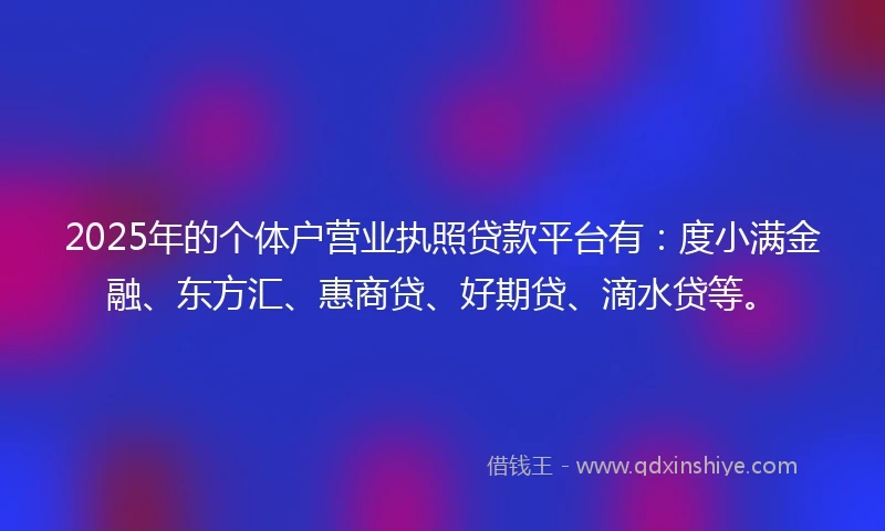 2025年的个体户营业执照贷款平台有：度小满金融、东方汇、惠商贷、好期贷、滴水贷等。