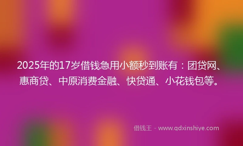 2025年的17岁借钱急用小额秒到账有：团贷网、惠商贷、中原消费金融、快贷通、小花钱包等。