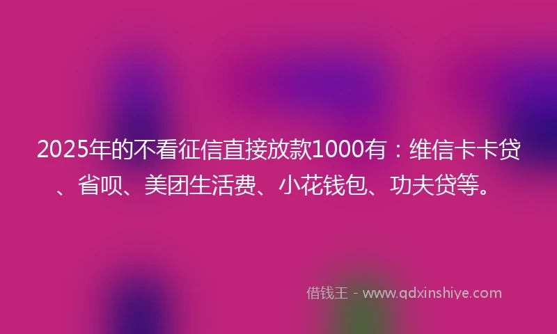 2025年的不看征信直接放款1000有：维信卡卡贷、省呗、美团生活费、小花钱包、功夫贷等。